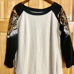 Handmade Upcycled Tiger Print Raglan Sleeve Sweatshirt - Size Large, Hemp/Cotton